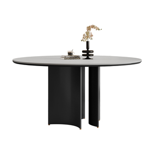奥古斯特半月意式实木圆形餐桌家用现代简约8人黑色复古岩板圆桌