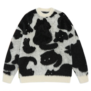 BJHG不计后果慵懒风仿貂毛衣女款冬季猫咪提花宽松圆领针织上衣潮