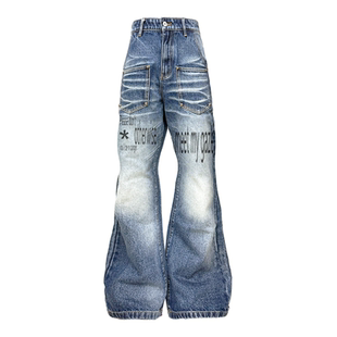 DETW 25AW*原创复古小众标语水洗蓝牛猫须微喇铆钉百搭牛仔裤男女
