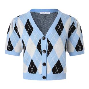 JAC FLEURANT秋季新款时尚套装女菱形格针织开衫上衣包臀短裤