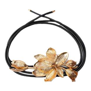 ZR夸张金色郁金香花朵腰链轻奢重工细皮绳腰带裤子衬衫连衣裙腰封