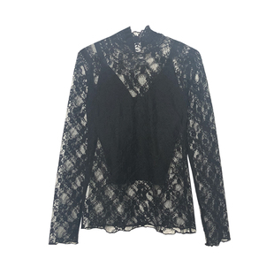 大码胖mm高领蕾丝打底衫女秋冬镂空内搭纱衣洋气内衬长袖网纱上衣