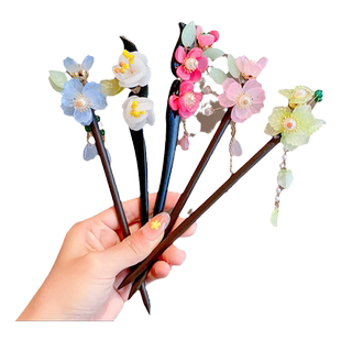 儿童古风花朵发簪女童2025新款木质发钗女孩汉服流苏步摇玉兔簪子