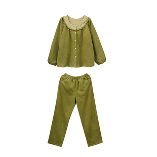 FishHome原创雪松绿加绒保暖摇粒绒复古碎花长袖长裤家居服可外穿