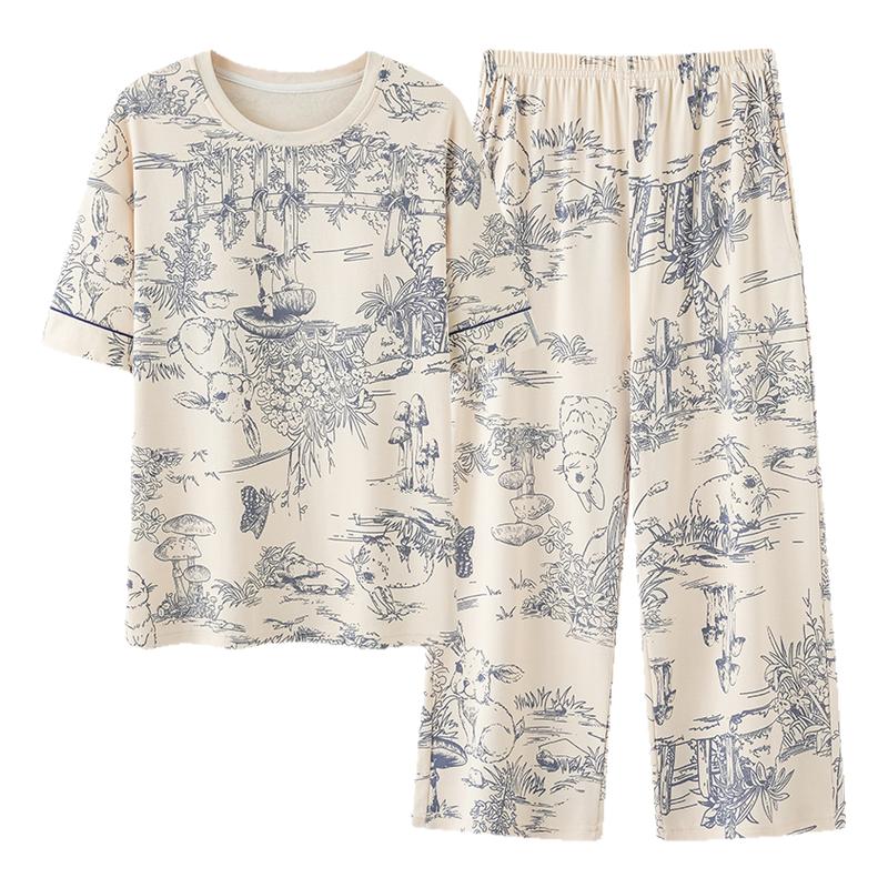 猫人睡衣女纯棉夏季短袖七分裤带胸垫一体夏天薄款全棉家居服套装