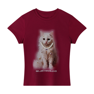 BJHG不计后果 圆领短袖T恤女款夏季珍珠小猫印花美式潮流修身上衣