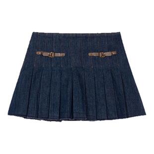 季末7折Maje2025秋冬新款女装复古牛仔棉质蓝色短款百褶半身裙