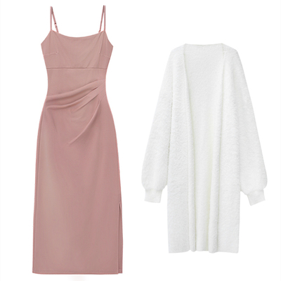 粉色吊带修身显瘦内搭打底中长裙