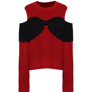 DPLAY2026春季新款红色毛衣含羊毛蝴蝶结新年节针织衫露肩上衣女