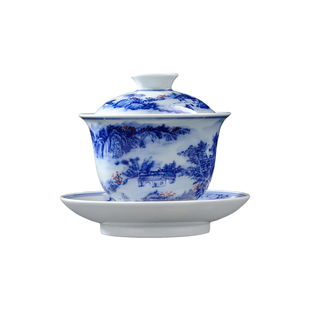 景德镇官方陶瓷釉下青花手绘山水盖碗茶杯品茗杯个人专用功夫茶具
