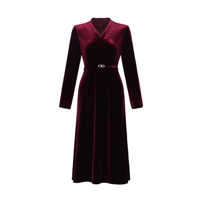 黛玛诗秋冬款轻奢高级感酒红色刺绣丝绒连衣裙女宴会礼服(附腰带)