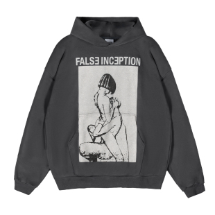 False Inception重磅加绒美式印花男女情侣春秋宽松套头连帽卫衣