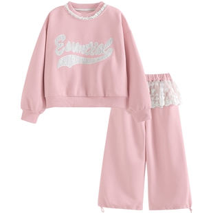 女童春套装2026新款小女孩洋气春装儿童蕾丝花边卫衣春秋款两件套