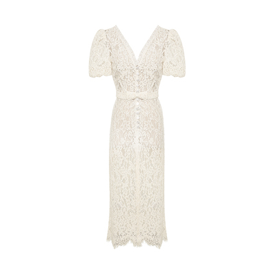 Maison Wester2025年夏季新款米白色高腰蕾丝束腰V领曳地长连衣裙