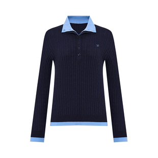 Petit Bari 高级拼色假两件半开领绞花针织衫上衣女 羊毛针织毛衣