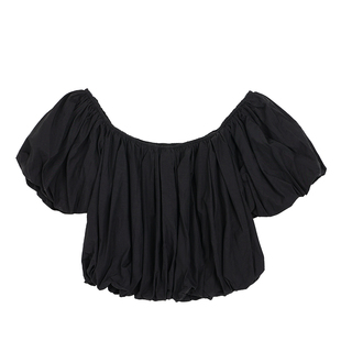 pusumede【现货6折】一字肩短款高腰小衫女露肩短袖灯笼袖上衣