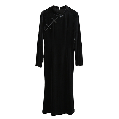 黑色丝绒连衣裙新中式改良旗袍