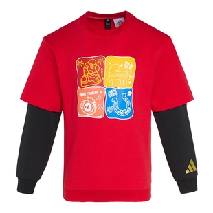 adidas阿迪达斯红色新年款长袖T恤2026春男女小童宽松上衣 KV6980