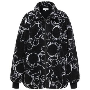 美特斯邦威棉衣女秋冬经典撞色设计时尚帅气立领仿羊羔绒提花外套