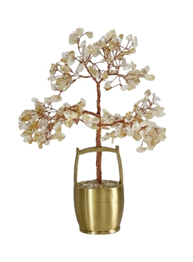 天然黄晶树一桶金发财树办公摆件