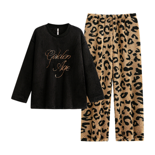 悦内睡衣女冬季秋冬款法兰绒加厚珊瑚绒加绒保暖家居服高级感豹纹