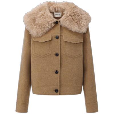 halfmoon x LOOKNOW2025秋冬新款深卡其短款领子拼接毛毛外套夹克