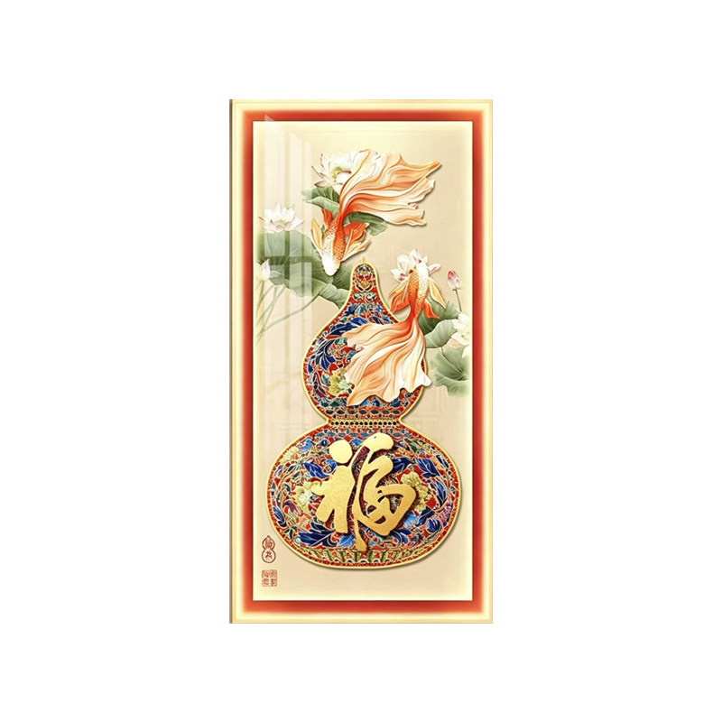 新中式锦鲤聚福入户正对门挂画葫芦玄关装饰画高级感走廊过道壁画