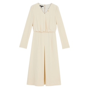 【木兰花系列】YINER音儿女装冬季时尚美丽诺羊毛小V领碎褶连衣裙