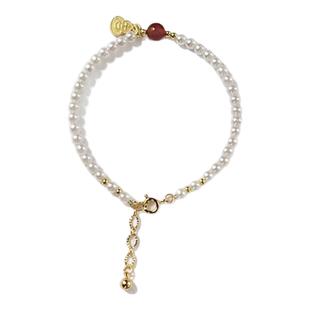 玉珠珠珍珠红玛瑙手链女 古法金小福牌轻奢小众设计 钛钢链饰品