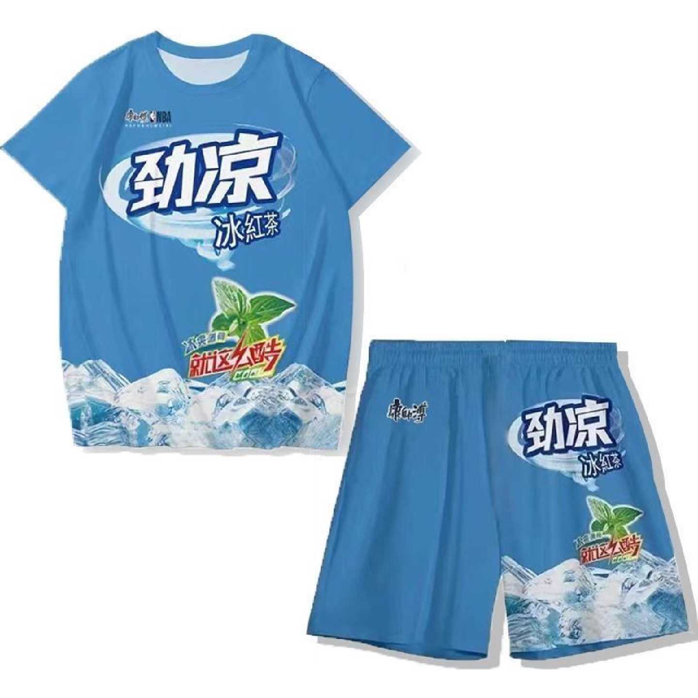 夏季爆款趣味冰红茶饮料套装男女同款3D印花饮料衣裤情侣潮流套装