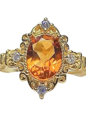 采金金钰黄水晶戒指女925银精工镶嵌复古花纹招财轻奢指环可复检