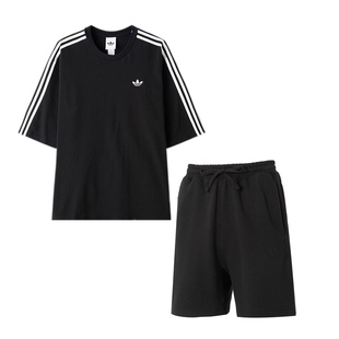 adidas阿迪达斯三叶草两件套男款黑色T恤短裤三条纹运动服套装男