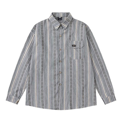 日系复古菱格竖条纹长袖衬衫