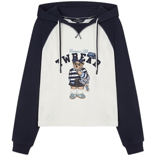 TeenieWeenie小熊女装春秋季萌趣大熊拼色短款连帽套头卫衣外套