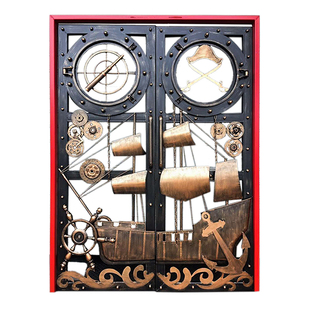 复古工业风酒吧餐厅海鲜烧烤饭店包间创意海盗船对开金属进户大门