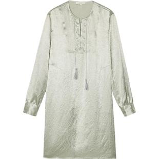 素然WHM春季女士摩登复古时髦流苏纹理系绳门襟无领直身连衣裙