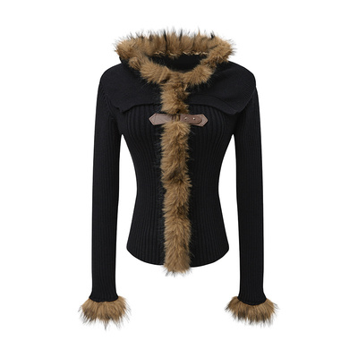 2025新款女美式复古毛领针织衫