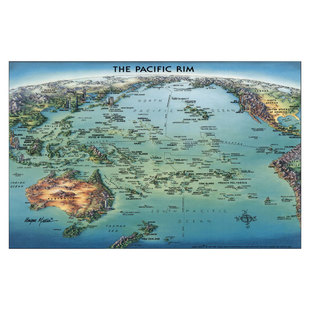环太平洋俯瞰地图装饰画 海洋岛屿示意图手绘插图地理海报墙画