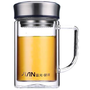 富光双层玻璃杯带把手泡茶杯大容量办公杯家用带滤网水杯刻字
