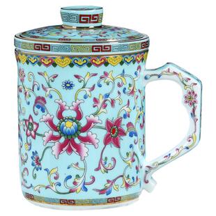 景德镇陶瓷过滤茶杯带盖中国风珐琅彩杯子办公室泡茶杯茶水分离杯