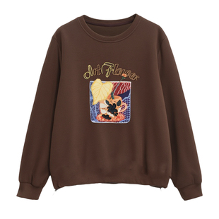 采多宝大码女装下摆抽绳刺绣叶子卫衣胖mm卡通图案圆领减龄上衣