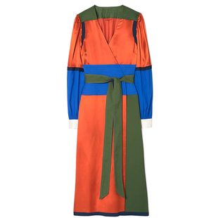 欧美时尚新品春夏季撞色真丝裹胸v领收腰长袖连衣裙气质