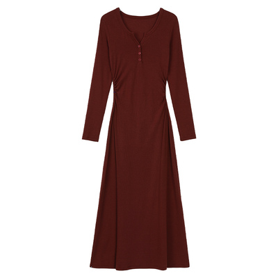 pusumede 秋日报刊 黑色长袖针织连衣裙女气质收腰修身打底长裙子