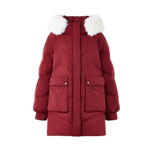 秋水伊人加厚红色羽绒服2025冬新款女韩版大毛领连帽白鸭绒外套