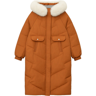 DM100大码百分百女装微胖mm冬季长款大毛领连帽插肩袖羽绒服外套