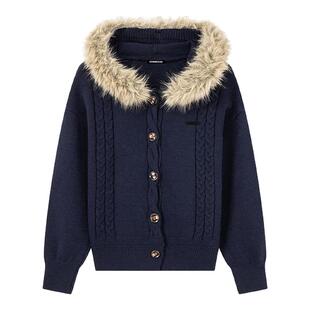 i.tGROUNDZERO秋冬保暖色圆毛领连帽开衫毛衣长袖针织衫女