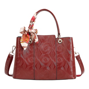 2025新款复古酒红色女托特包通勤大容量单肩手提包带丝巾时尚百搭