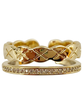 Satanophany复古法式双层叠戴小香风菱格纹微镶锆石轻奢开口戒指