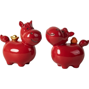 陶瓷马摆件一对唐马招财红色生肖马年吉祥物客厅桌面摆设存钱罐