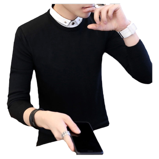 假两件套毛衣男秋冬季加绒加厚韩版潮流休闲男士针织衫衬衫领